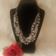 Chunky Rhinestone Necklace Has Clear And Black Rhinestones Twisted With Silver Chains Claw Clasp Closure Beautiful Necklace. Brand New