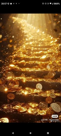 gold coins falling down the side of a road with sunlight coming through it and on top of them