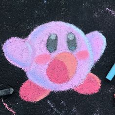 kirby Kirby Chalk Art, Chalk Art Cartoon Characters, Kawaii Chalk Art, What To Draw With Chalk Easy, Realistic Chalk Art, Anime Chalk Art, Aesthetic Chalk Drawings, Chalk Easy Drawings