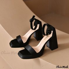 Olivia Mark - Black Chunky Heel High Heel Sandals - Stylish and Vintage Black Canvas Shoes, Bubble Sleeve Top, Rough Heels, Black Chunky Heels, Pu Heels, Platform Wedge Sandals, Chunky Heel, Platform Wedges, Military Fashion