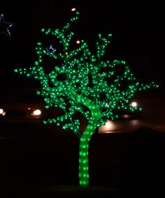 a tree that is lit up with green lights