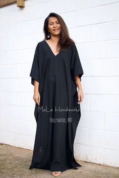 DETAIL * Bust up to 68 in. * Waist up to 68 in. * Hips up to 68 in. * Arms open up to 20 in. * Length 55 in. * V neck * Side slits * No pocket * Slipover style * All above measurement are flat FABRIC * 100 % Cotton FIT * One size fit most up to size US 4XL * Hangs loose and away from the body * Length can be versatile as a knee length, mid calf length, ankle length and floor length depending on your style MODEL * Height 5 ft. 4 in. / 163 cm. * With or without 4 in. High Heels This lovely kaftan Lounge Wear Plus Size, Kaftan Dress Boho, Grown Dress, Summer Kaftan, Boho Womens Clothing, Black Kaftan, Cotton Caftan, One Shoulder Prom Dress, Dalian