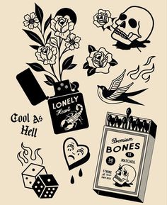 an assortment of tattoos and stickers on a white background, including flowers, hearts, skull