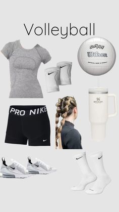 a woman in grey shirt and black shorts next to white soccer ball, coffee cup, mug