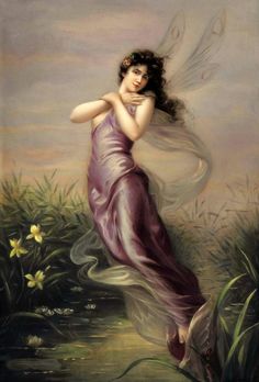 a painting of a woman in a purple dress with her arms around her neck and wings outstretched