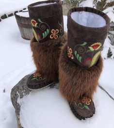 Mukluks Outfit, Knit Mukluks Pattern, Handmade Traditional Brown Boots, Traditional Handmade Brown Boots, Brown Embroidered Winter Boots, Mongolian Boots, Handmade Brown Winter Boots, Traditional Hand-tooled Brown Boots, Brown Bohemian Embroidered Boots