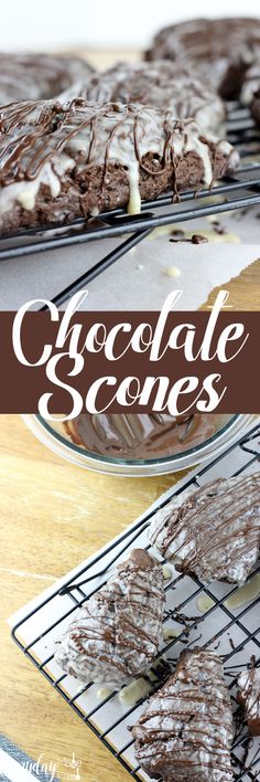 chocolate scones cooling on a rack with the words chocolate scones in front of them