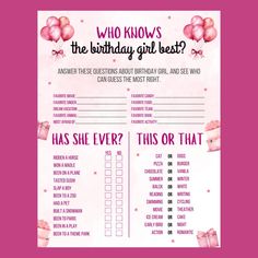 a pink birthday party game with balloons and gifts on the side, which says who knows the birthday girl best?