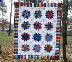 a quilt is hanging from a tree in the park with leaves on the ground around it