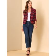 Elegant and casual, this blazer is suitable for everyday wear. Striped prints instantly elevate this casual blazer and make it a sophisticated choice for day or night. The special striped design makes you stand out from the crowd. Team yours with a tank top and stretchy jeans for work or a meeting. CLASSIC design, fit for office and casual wear, a stylish blazer that makes you look more elegant. Spring Business Casual Red Blazer, Red Casual Blazer For Business Casual, Jeans For Work, Stylish Blazer, Stretchy Jeans, Striped Blazer, Casual Blazer, Notched Collar, Stripes Design