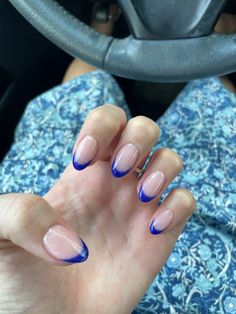 Hoco Nails Royal Blue, Blue Sparkle French Tip Nails, Royal Blue French Nails, Royal Blue Hoco Nails, Debs Nails, Royal Blue Prom Nails, Sparkly Silver Nails, Bts Nails, Blue Prom Nails