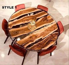 a wooden table with red chairs around it in a room that has marble flooring