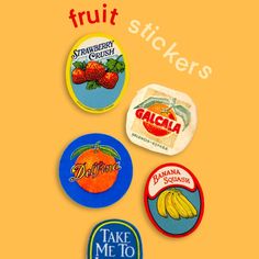 four different fruit stickers are shown on a yellow background with the words, fruit stickers