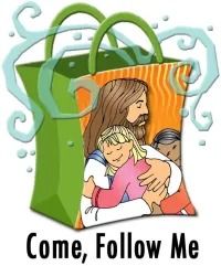 a bag with the words come, follow me on it and an image of jesus holding a child