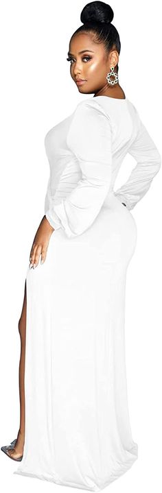 Look sophisticated and classy with this beautiful white maxi dress. It features deep V-neck with ruched detailing, long sleeves and a split design that provide a flattering fit. The timeless silhouette provides elegance with modern style. Imported 100% Polyester Zipper closure Hand wash only/ Machine wash Brand Size Dress Bust Waist Hip XS 0-2 31-32.5'' 23-24'' 31-34" S 4--6 33-35'' 25-26'' 35-37" M 8--10 35-36'' 27-28'' 38-39" L 12--14 38-40'' 29-31'' 40-42" XL 14-16 40-42'' 33.5-36'' 44-46" 2XL 18-20 42-44'' 37-40'' 47-50" 3XL 22-24 44-46'' 41-46'' 51-55" 4XL 26-28 46-48'' 47-50'' 56-60" White Stretch V-neck Maxi Dress, White V-neck Stretch Maxi Dress, White Stretch Maxi Dress, White Long Sleeve Maxi Dress For Formal Occasions, White Long Sleeve Formal Maxi Dress, Elegant White Long Sleeve Maxi Dress, Elegant Stretch White Maxi Dress, Elegant White Stretch Maxi Dress, White Ruched V-neck Maxi Dress