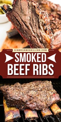 grilled beef ribs with text overlay that reads smoked beef ribs