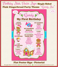 Pink Gingerbread Birthday Party Sign Stats Poster Frameable Chalkboard Milestone Girl 1st Christmas Boogie Bear Invitations Candy Sue Theme Gingerbread Birthday Party, Pink Gingerbread, Gingerbread Party, Bear Invitations, Sweet Time, Chalkboard Style, Gingerbread Girl, Party Sign, Birthday Poster