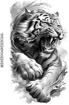 a black and white drawing of a tiger with its mouth open in front of clouds