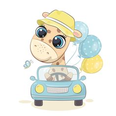 a giraffe driving a car with balloons and a hat on it's head