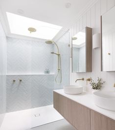 a bathroom with two sinks, a shower and a skylight in the ceiling area