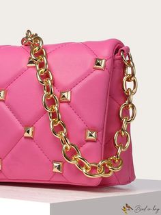 BirdinBag - Stylish Quilted Flap Square Bag with Stud Accents Pink Square Bag With Gold-tone Hardware, Pink Bags With Gold-tone Hardware, Pouch Bag With Chain Strap For Errands, Pink Tote Bag With Chain Strap, Chain Pattern, Bag Bag, Square Design, Square Bag, Chain Bags