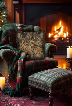 a plaid chair and footstool in front of a fireplace with candles on it