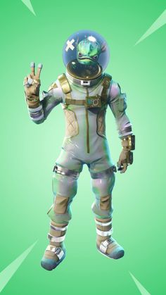 an image of a man in a space suit with one hand up and two fingers out