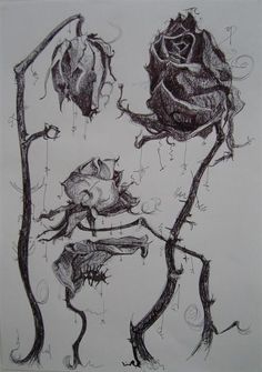 a drawing of two roses on a branch