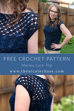 a woman wearing a crochet top with the text free crochet pattern