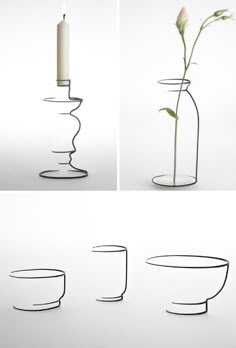 three different views of a vase with flowers in it and a candle on the side