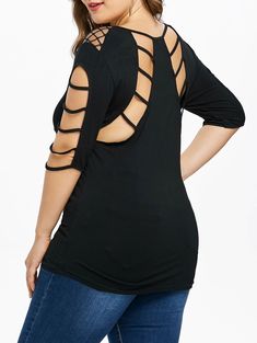 Plus Size Ladder Cutout Scoop Neck T-shirt - Black - 3H69201215 - Women's Clothing, Plus Size Women's Clothing  #PlusSizeWomensClothing #Women's #Clothing # #Plus #Size #Women's #Clothing Scoop Neck Tshirt, Plus Size Crop Tops, Cold Shoulder Tops, Lace Tunic Tops, Off The Shoulder Tops, Blouse Plus Size, Shoulder Tops, Womens Tops Summer, Trendy Plus Size Clothing