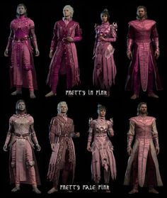 several different types of pink outfits on display in front of a black background with the words,