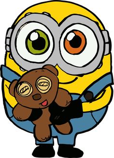 a cartoon minion holding a teddy bear in his arms with big eyes on it's face