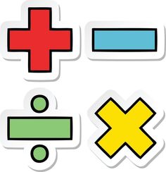 four stickers with different shapes and colors on them, one has a cross, the other has a plus