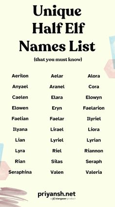 the unique half - elf names list is shown in black and white, with different colors