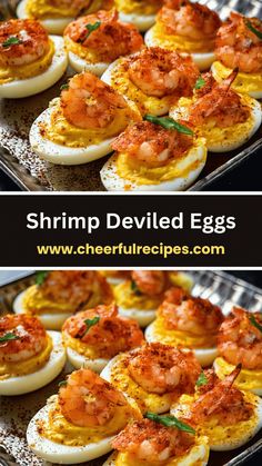 shrimp deviled eggs in an egg shell on a baking sheet