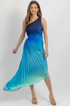 *SIGN UP FOR RESTOCK NOTIFICATIONS, ITEMS ARE RESTOCKED WHEN POSSIBLE BASED ON DEMAND* DESCRIPTION 95% Polyester, 5% Spandex Open side detail, Pleated throughout, Asymmetric hem, One shoulder, Lined, Zippered, Sleeveless Naomie is wearing a size small Height | 5'8 Dress size | 2 Please note: All items purchased on sale are final sale. We recommend checking your cart for sale items to make note of non-returnable items Blue Midi Dress With Pleated Back, Summer One-shoulder Midi Dress With Pleated Bodice, Summer One-shoulder Pleated Bodice Midi Dress, One Shoulder Midi Dress With Pleated Bodice For Summer, One Shoulder Pleated Bodice Midi Dress For Summer, Blue Midi Dress With Pleated Hem, Fitted Blue Midi Dress With Pleated Hem, Blue Pleated Midi Dress For Cocktail, Blue Pleated Cocktail Dress