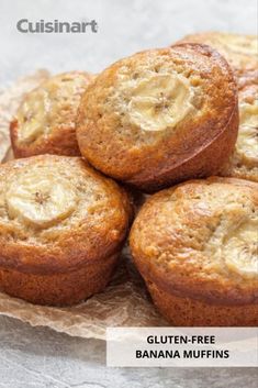 muffins with bananas on top sitting on wax paper next to the words cuisinart