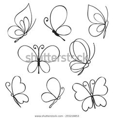 six different butterflies drawn in black ink