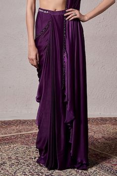 Purple georgette satin pre-draped saree with cutdana and beaded hand embellishments. Comes with a padded blouse. - Aza Fashions Draped Saree, Purple Saree, Satin Hands, Padded Blouse, Drape Saree, Beaded Neckline, Saree With Blouse, Sarees Online, Aza Fashion