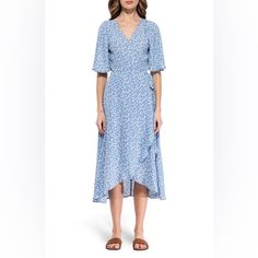 Gorgeous Blue Wrap Dress From Nordstrom, New With Tags! Flowy Light Blue Midi Dress For Daywear, Blue Flowy Midi Maxi Dress, Flowy Mid-length Blue Maxi Dress, Light Blue Midi Dress For Summer, Blue Mid-length Dress For Vacation, Blue Mid-length Dress For Daywear, Mid-length Blue Dress For Vacation, Blue Floral Print Maxi Dress, Flowy Blue Midi Dress For Daywear