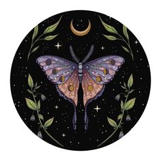 a painting of a butterfly on a black background with stars and moon in the sky