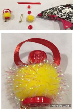 two pictures showing how to make an ornament for a hairbrush holder and other items