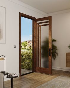 an open wooden door in a living room