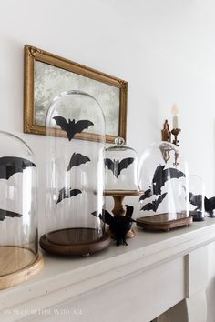 a mantle topped with glass domes filled with bats