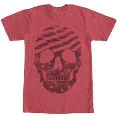 Add a little edge to your wardrobe with the Lost Gods American Flag Skull Heather Red T-Shirt. This cool red skull shirt features a skull in the style of an American flag in distressed black print. Size: small. Gender: male. Age Group: adult. Material: Cotton. Red Distressed Short Sleeve T-shirt, Red Distressed Crew Neck T-shirt, Red Skull Print Short Sleeve Top, Red Short Sleeve Top With Skull Print, Red Skull Print Short Sleeve T-shirt, Red Skull Print Top For Halloween, Red Skull Print Graphic Tee, Halloween Red T-shirt With Skull Print, Red T-shirt With Skull Print For Halloween