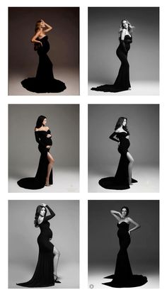 six different images of women in black dresses