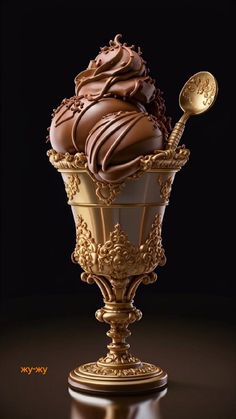 an ice cream sundae with chocolate frosting in a gold cup on a black background