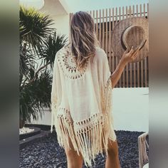 New Boho Chic Crochet Fringe Tassel Cover Kimono Cardigan * See Through Crochet Back Detail * Long Fringe Tassel Back Hem & Sleeves * Split Sides * Lightweight Semi Sheer * Open Front One Size Fits Most *Approximate Unstretched Measurements* One Size * Sleeve Length 25.5" *Length 25.5" *** On Order * Will Ship In Approx 7-10 Days *** Fabric Soft Flowy Poly & Elastane Color Beige Tan Cream Nude Neutral #Spring Fall Winter Summer Flip Flops Sandals Bikini Cover Up Nashville Western Southwestern Bo Cover Up Kimono, Chic Crochet, Southwestern Boho, Crochet Fringe, Cardigan Beige, Summer Flip Flops, Long Fringe, Lace Cardigan, Beige Cardigan