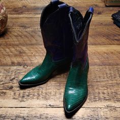 Green And Blue Reptile Skin Cowboy Boots. Great Condition. Barely Worn. Blue Snip Toe Boots With Reinforced Heel, Blue Western Boots With Almond Toe, Blue Western Almond Toe Boots, Western Style Blue Boots With Reinforced Heel, Western Green Boots With Leather Sole, Green Western Ankle Boots, Green Western Style Ankle Boots, Green Western Boots With Pointed Toe, Green Pointed Toe Western Boots